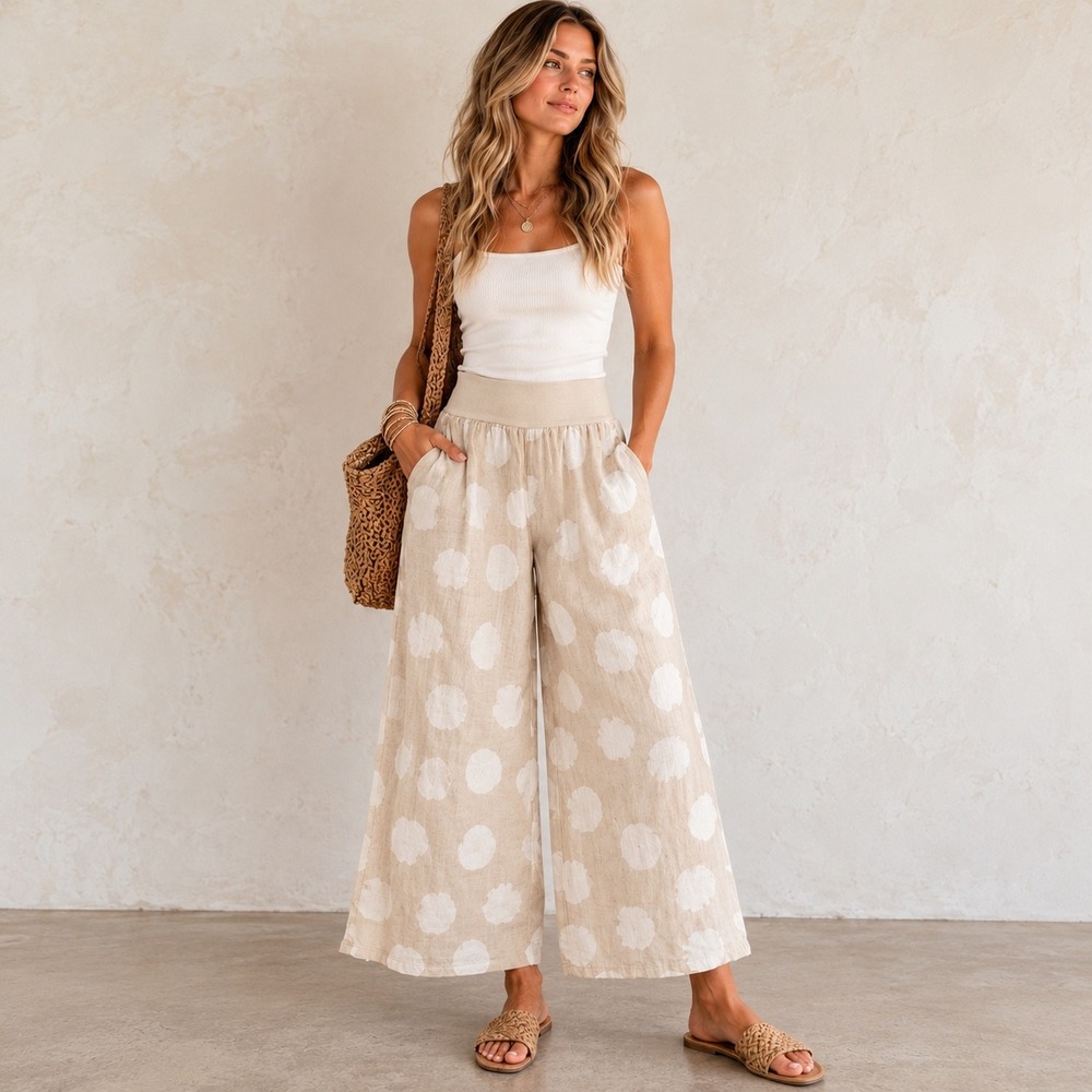 Made in Italy 100% Linen Wide Leg Pants Beige White Floral Polka Dot Small